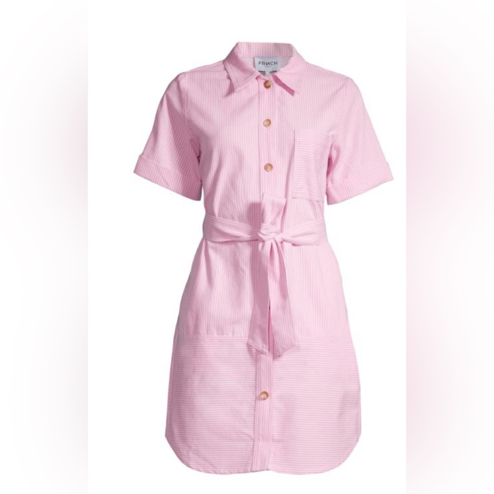 FRNCH Paris Pink button down Striped dress cuffed sleeve pockets